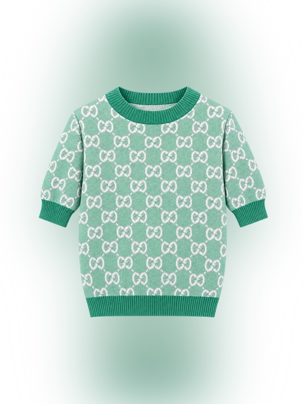 🚩steal Gucci Mint Green & White Monogram Short-Sleeve Crew Sweater